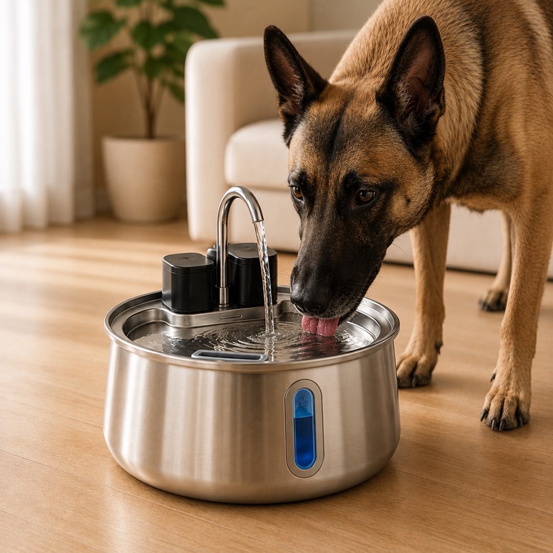 A dog drinking from Selene’s wireless Doggy Fountain