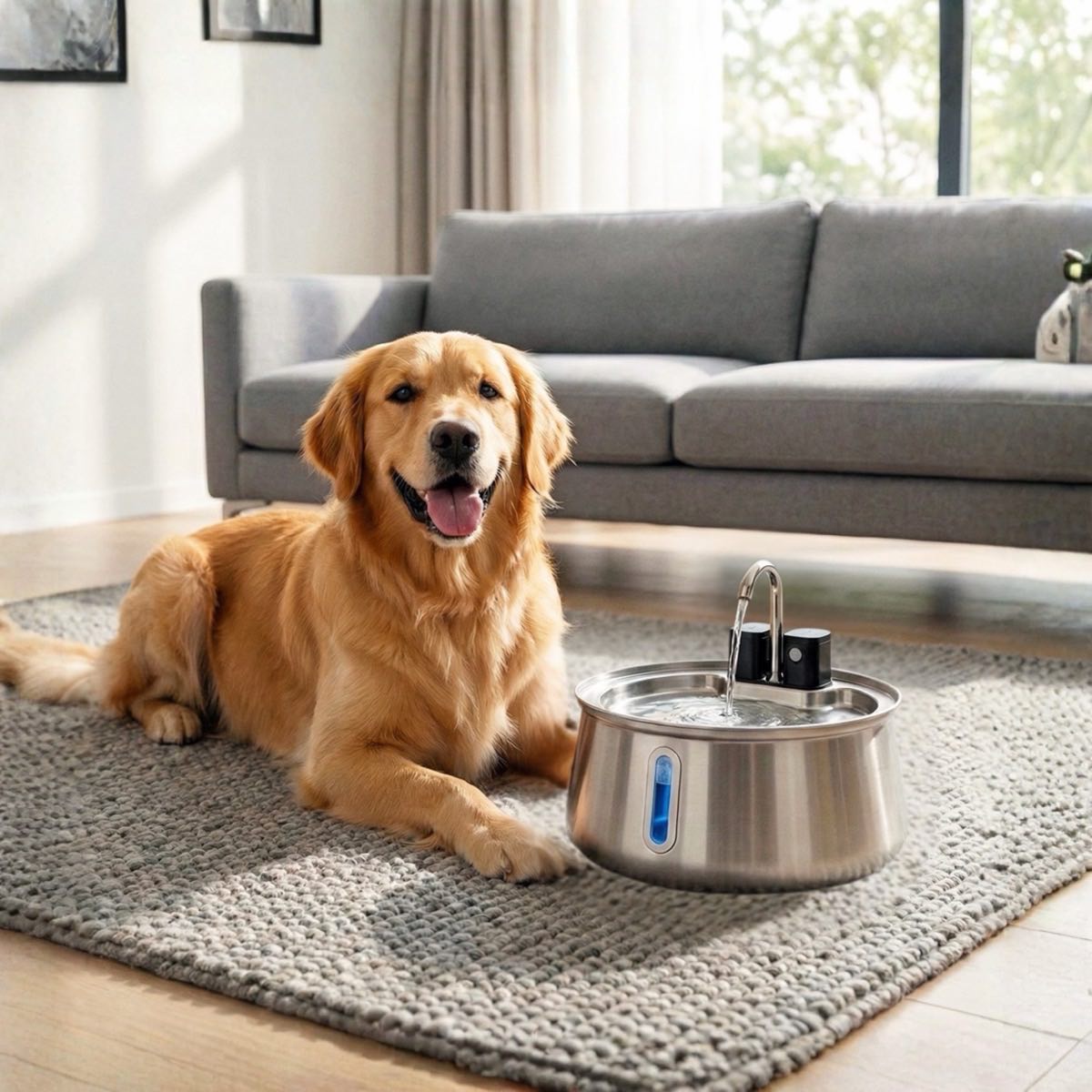Golden retriever beside a Selene wireless fountain