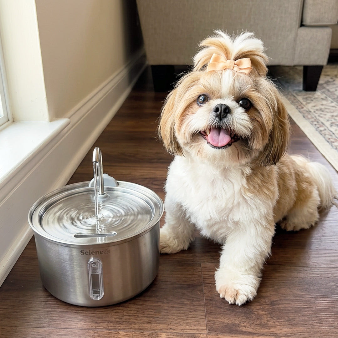 A Shih Tzu beside the Doggy Fountain at home